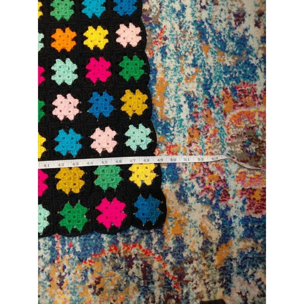 Vtg 70s Granny Square Throw Afghan Multicolor‎ Stained Glass 